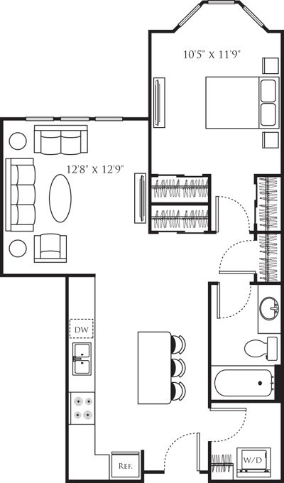 Floor plan for 1 bed, 1 bath, 744 sqft